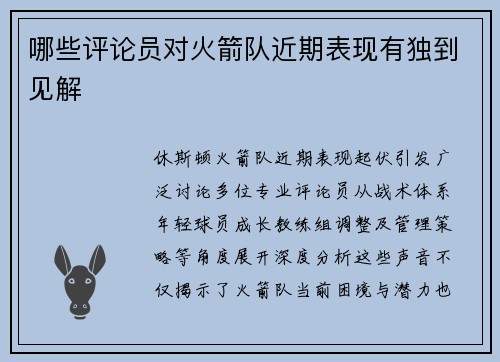 哪些评论员对火箭队近期表现有独到见解